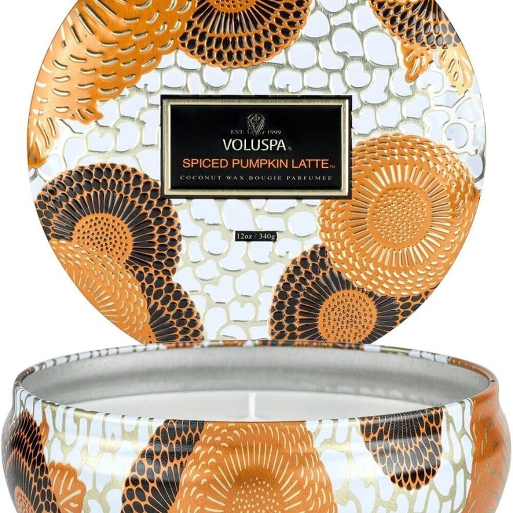Spiced Pumpkin Latte, 3 Wick Tin Candle, 12 Ounce, 40 Hour Burn Time, Coconut Wa